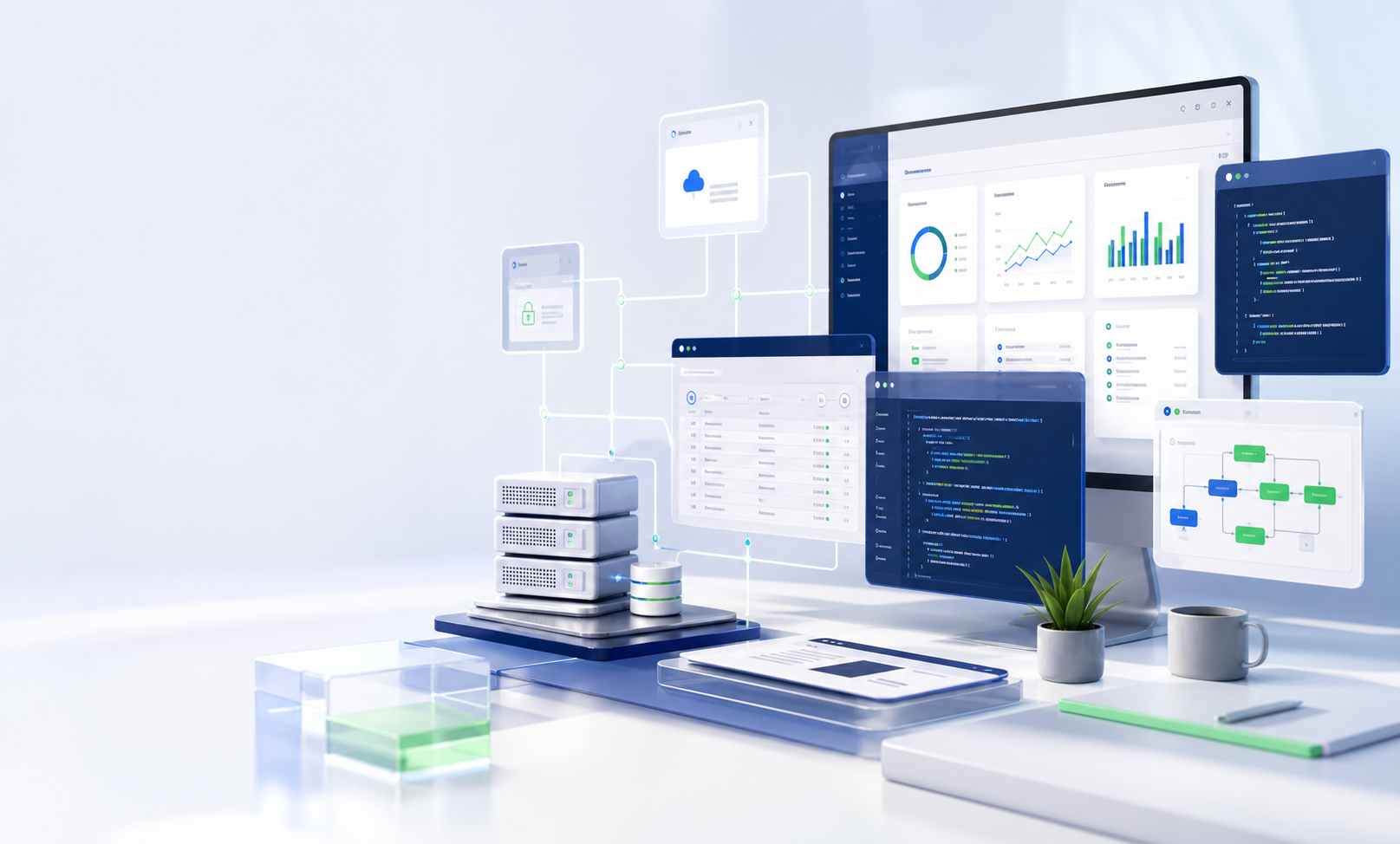 Abstracte visual van maatwerk software, dashboards en API-koppelingen